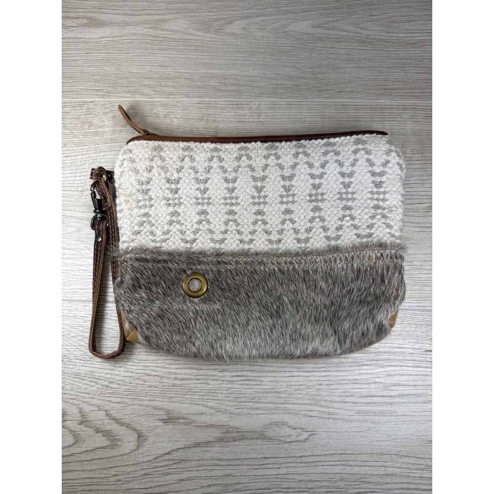 Myra Bag Wristlet Clutch Tan Gray Cowhide Hair On Hide Woven Canvas Boho Western